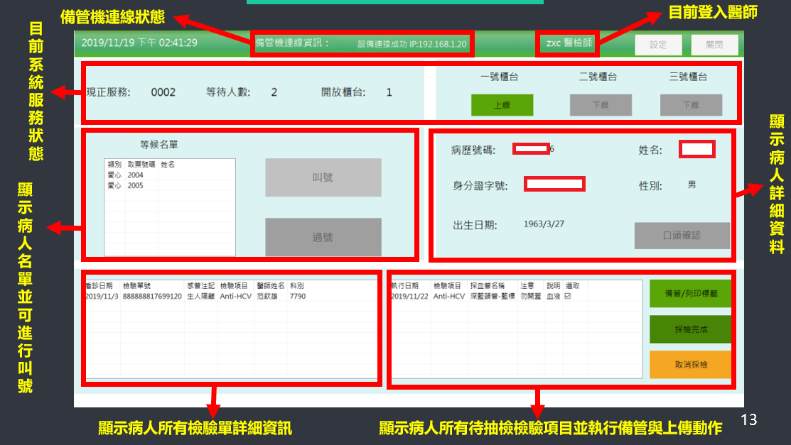 智韜科技協助佳里奇美醫院建置自動化備管系統，此為軟體系統畫面，供護理師進行叫號、備管、簽收等等操作