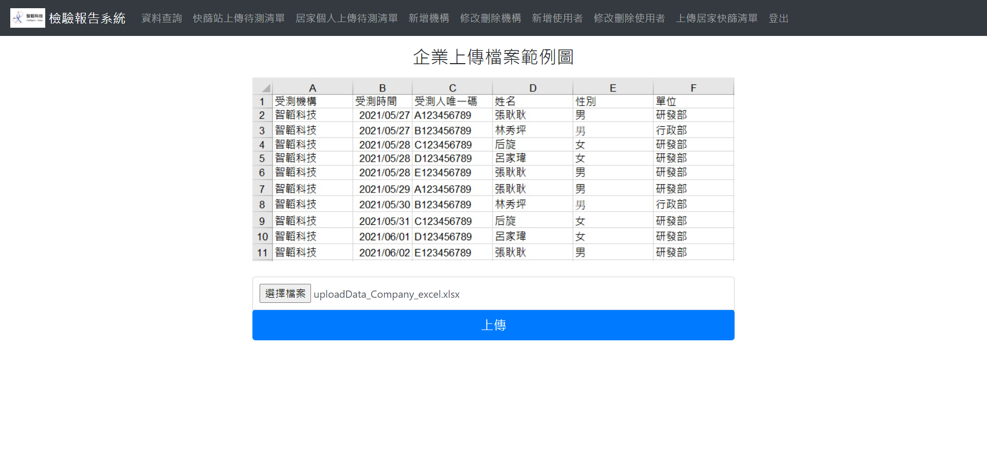 智韜快篩檢測報告系統的上傳清單頁面展示